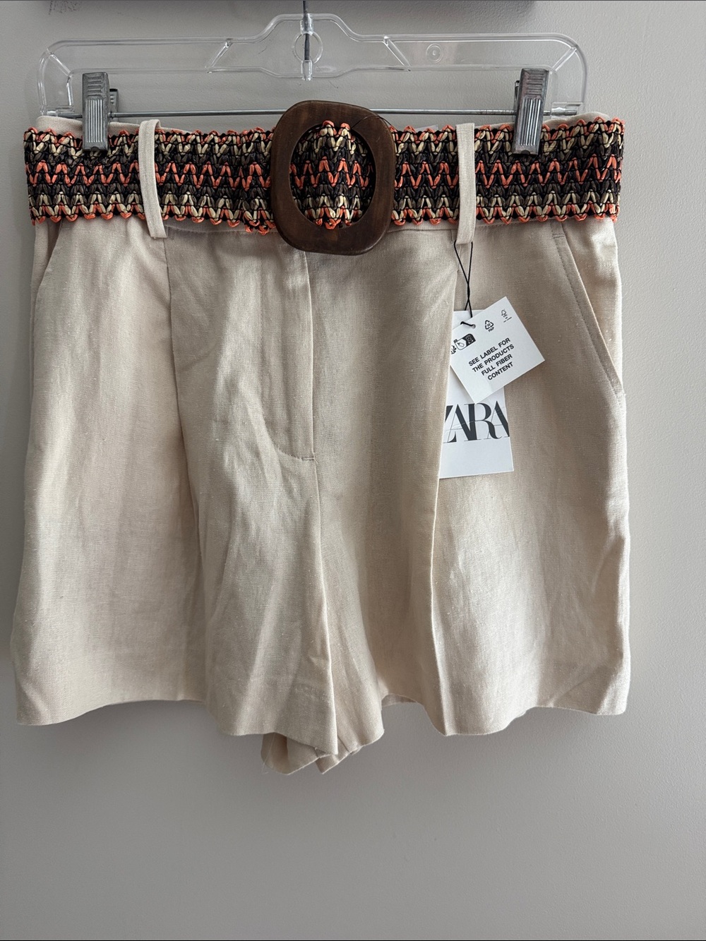 NWT Zara Cream Linen-Blend High-Waist Shorts with Woven Multicolor Belt